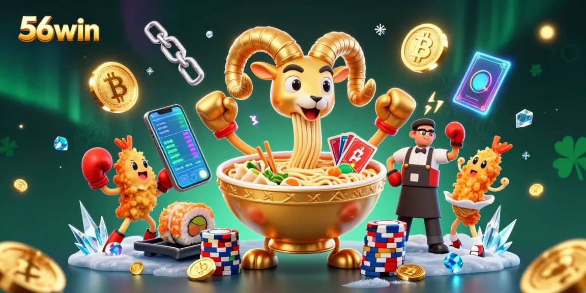 Engage with 56win featuring a dynamic 3D casino scene with cartoon characters and crypto elements.
