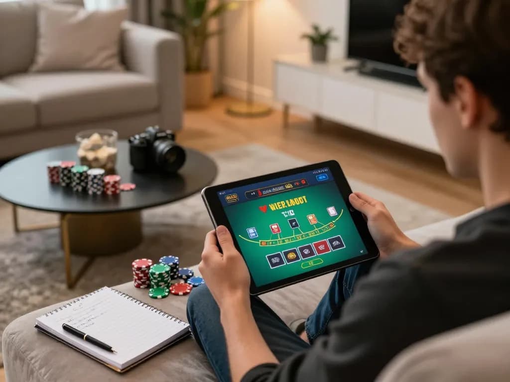 Player engaging in a five88 live dealer blackjack game on a tablet from a cozy setting.