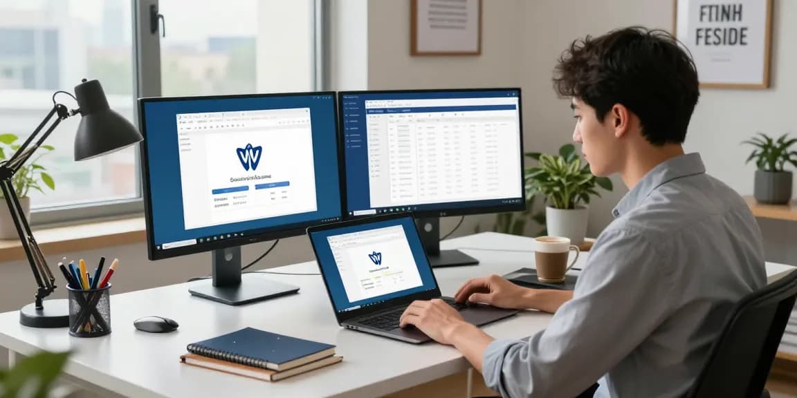 Downloading WPS Download on a laptop in a modern home office.