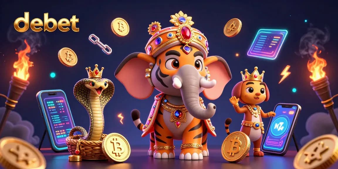Play exciting games on debet with a vibrant, action-packed 3D scene of a regal tiger and elephant.