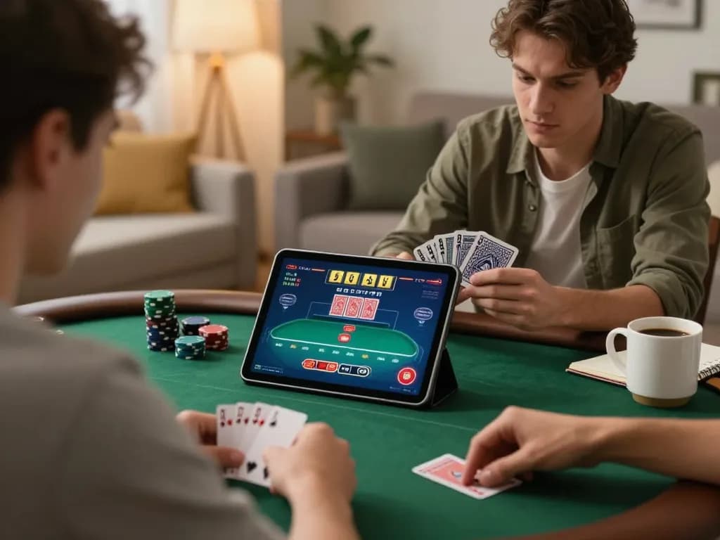 Players enjoying vk88 online poker game at home, analyzing cards with strategic focus.