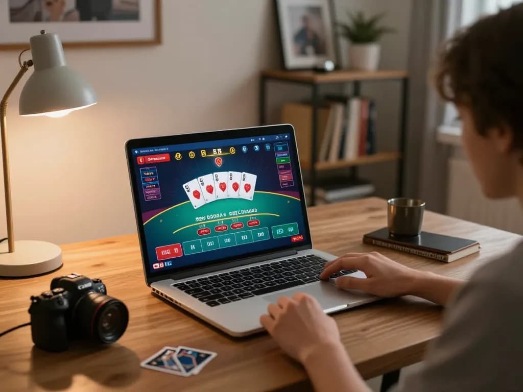 hd88 user engrossed in live dealer blackjack on a laptop in a cozy home environment.
