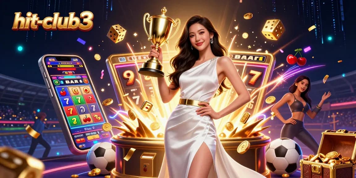 Win big at hit-club3 with a stunning Asian woman celebrating victory in vibrant casino art.