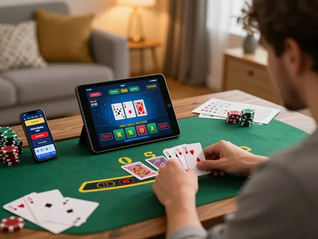 Player enjoying live blackjack on Sin88 at home with tablet and strategic notes