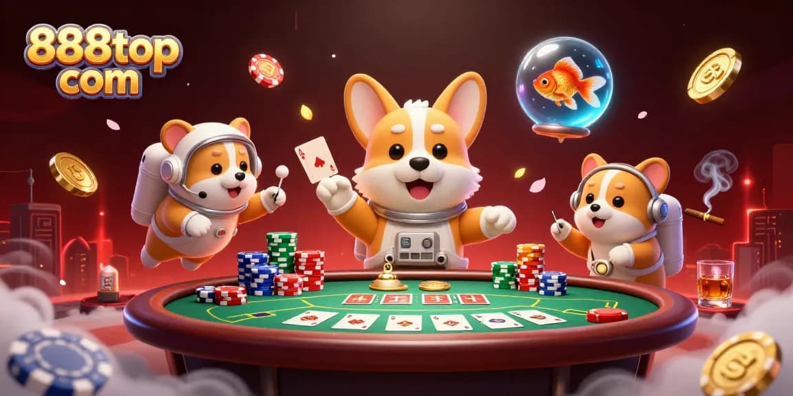 Experience the thrill of 888top com in a vibrant casino scene with corgi, hamster, and goldfish.