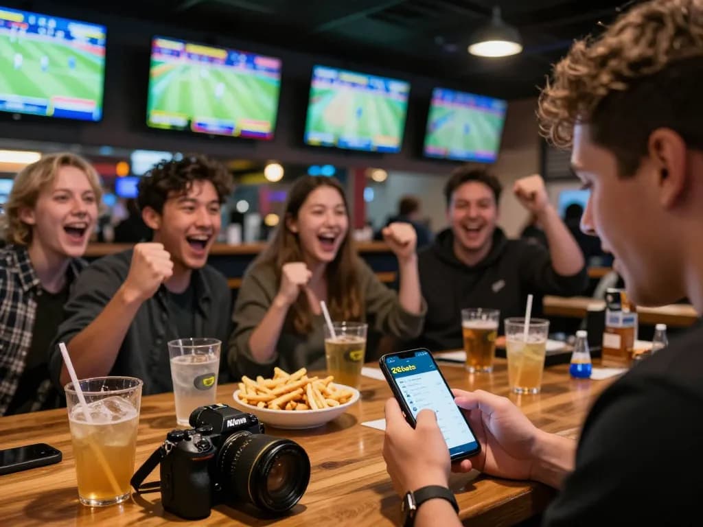Fans placing bets on 28bets app while enjoying live sports in a lively sports bar