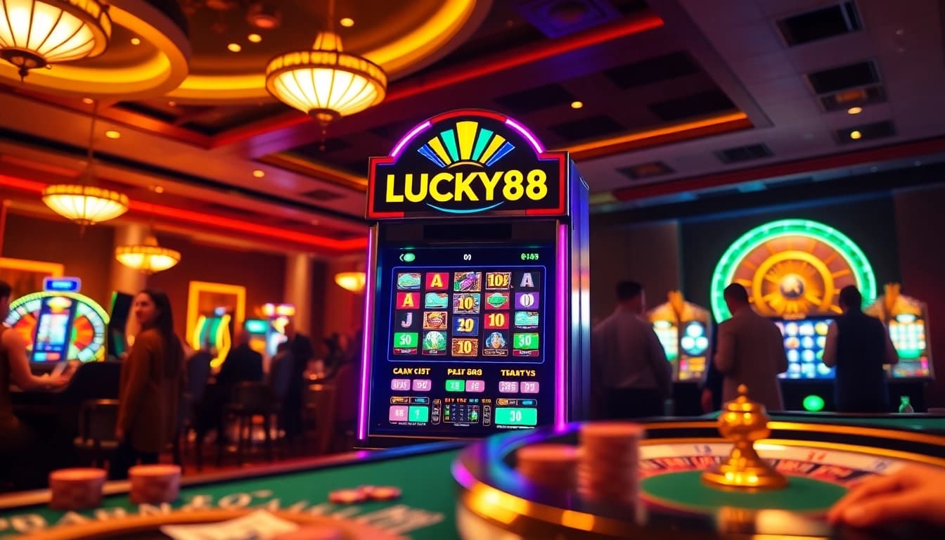 Players engaging with the LUCKY88 slot machine while enjoying the luxurious casino atmosphere.