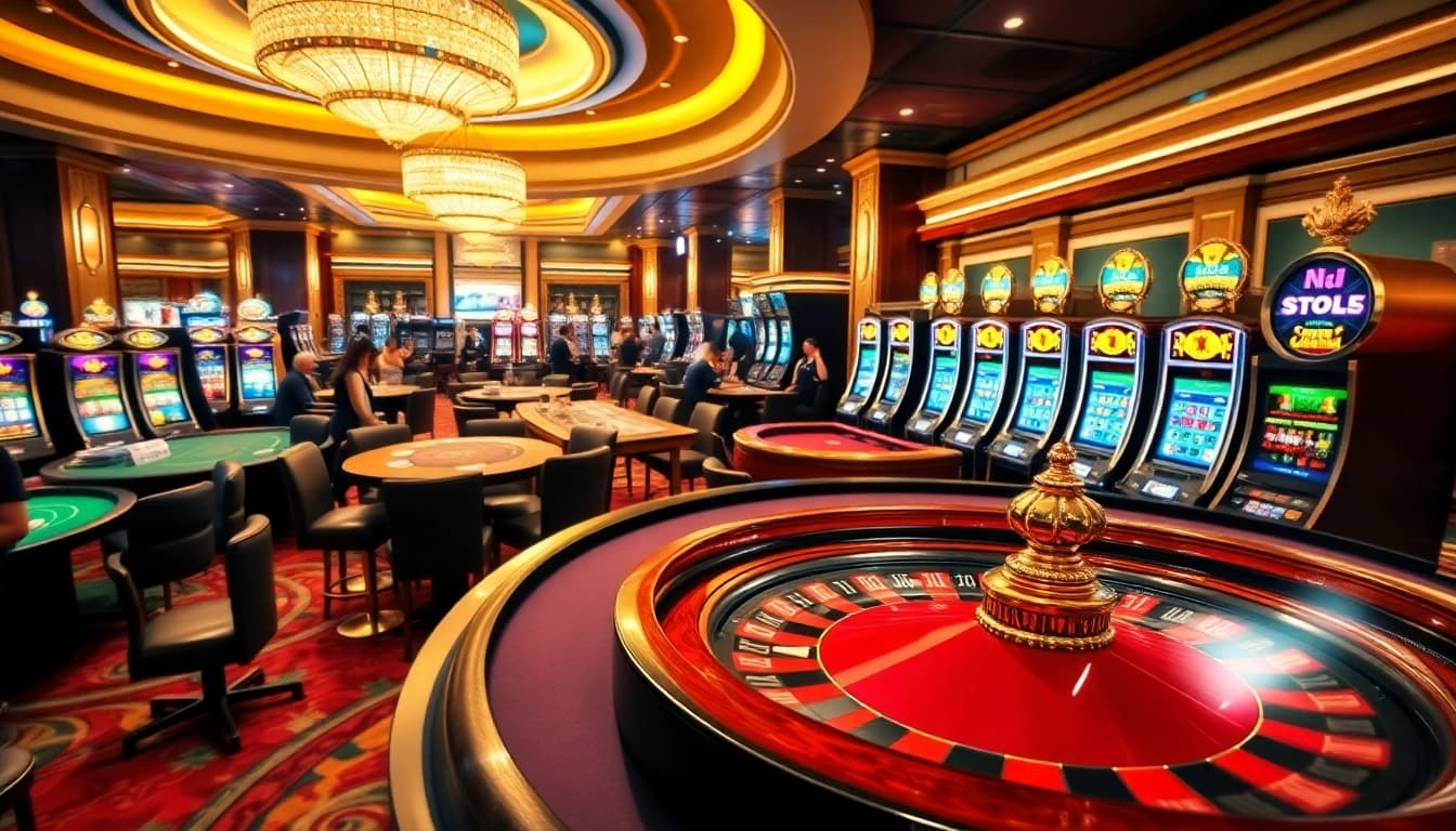 Exciting gaming action at 8kbetbh.com casino scene with poker tables and slot machines.