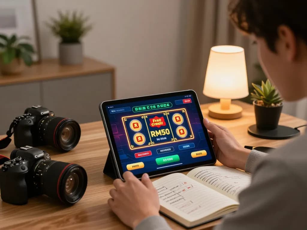Engaged player using RM50 free credit no deposit on tablet for online casino gaming at home, showcasing a strategic betting setup.
