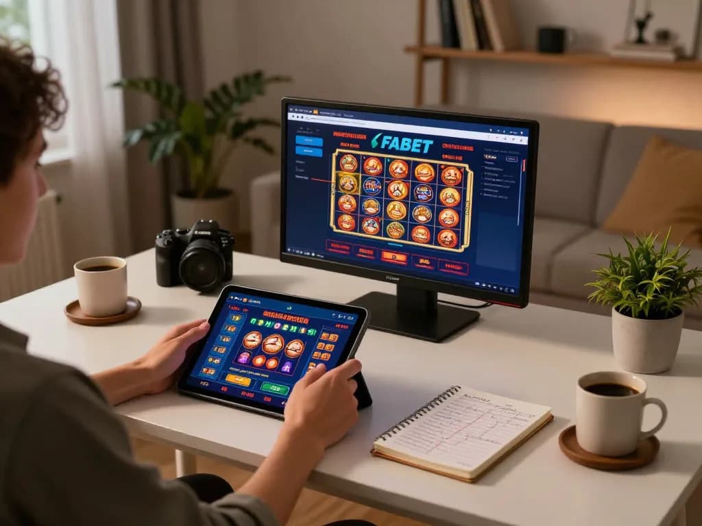 Engaging player using FABET's online casino app at home, showcasing responsible gaming.