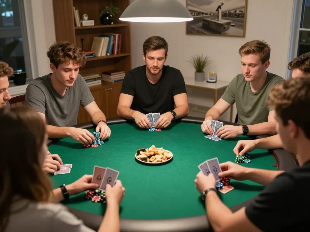 vin88a poker night with friends gathered around a table, playing cards and chips visible, creating a lively gaming atmosphere.