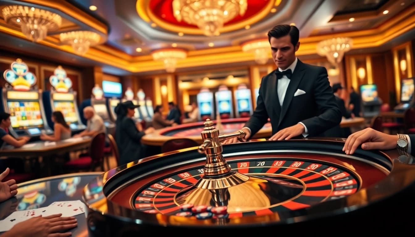 Experience the excitement of GK 88 casino with vibrant gaming tables, roulette wheel, and poker chips.
