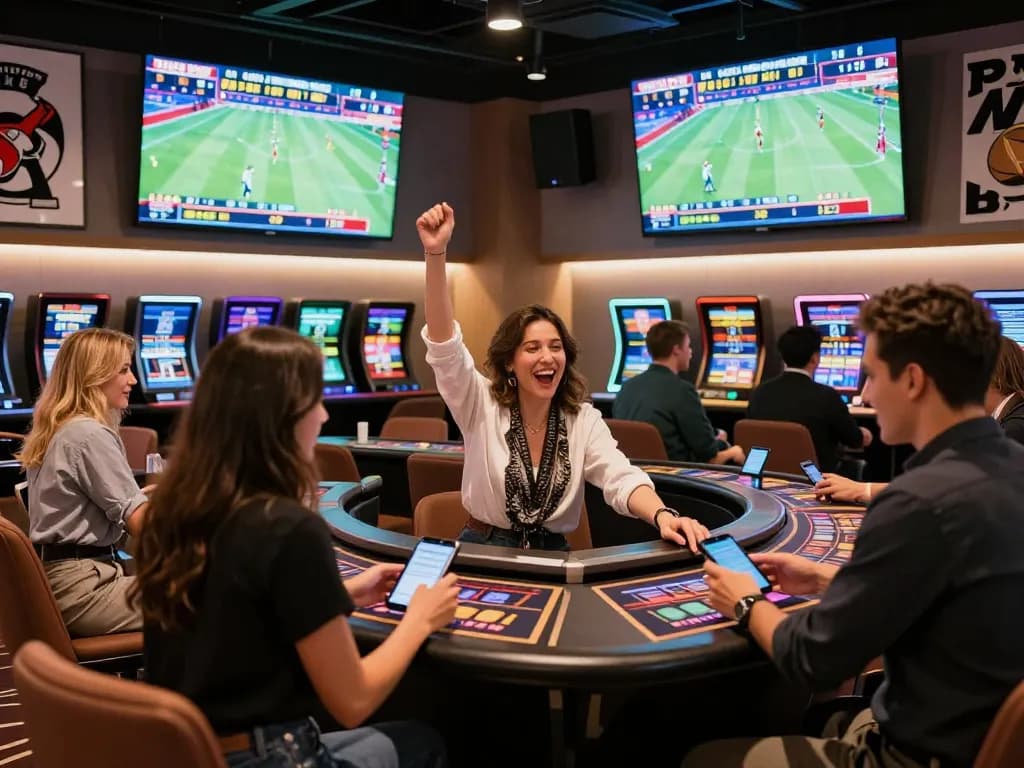 SIN88 patrons engaging in sports betting with excitement at a modern casino, vibrant atmosphere.