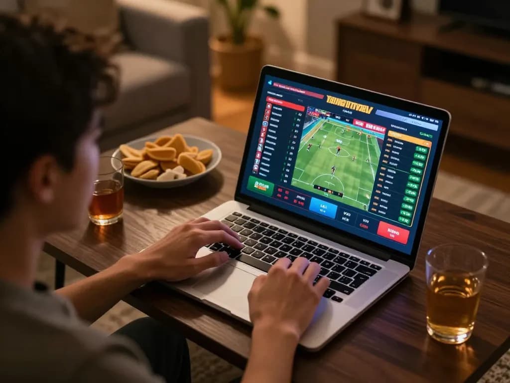 Players analyzing odds on a laptop for TA88 online sports betting in a cozy home setting.