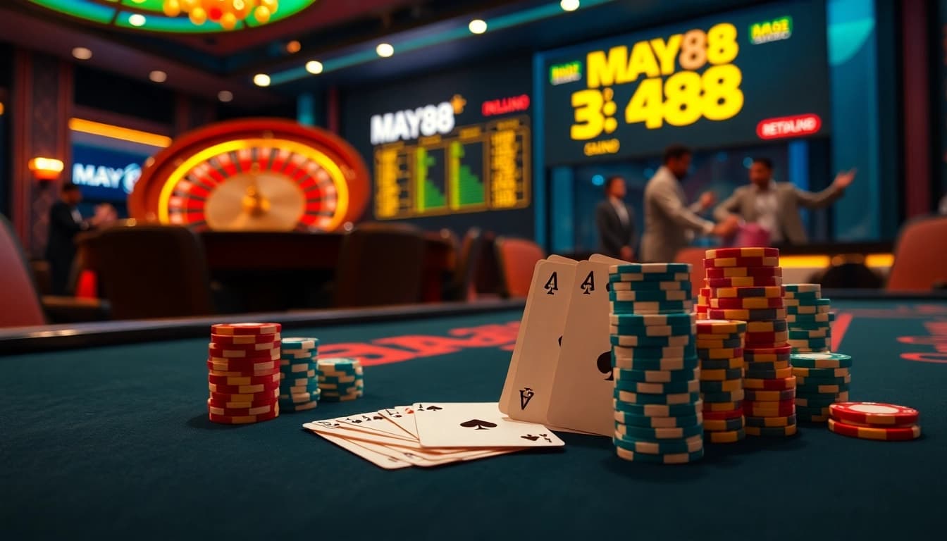 Betting action with MAY88 poker chips and cards on a vibrant casino table.