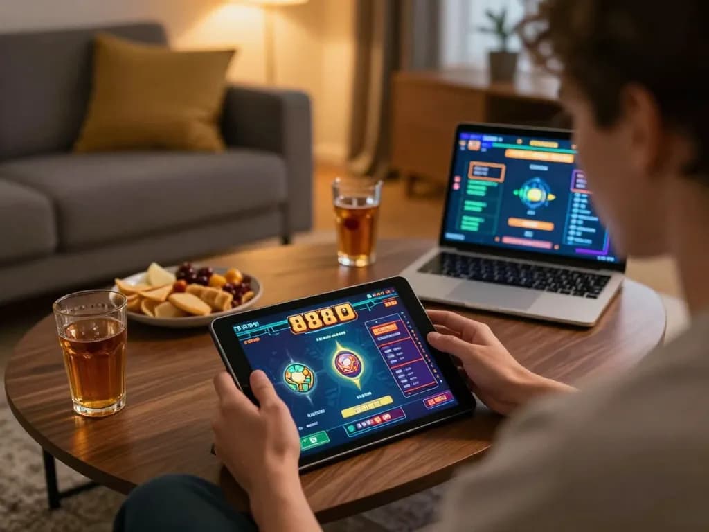 Engaged player enjoying 888slot game on tablet in a cozy home setting