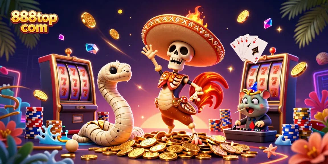 Play and win at 888top com with colorful slot machines and animated characters celebrating success.