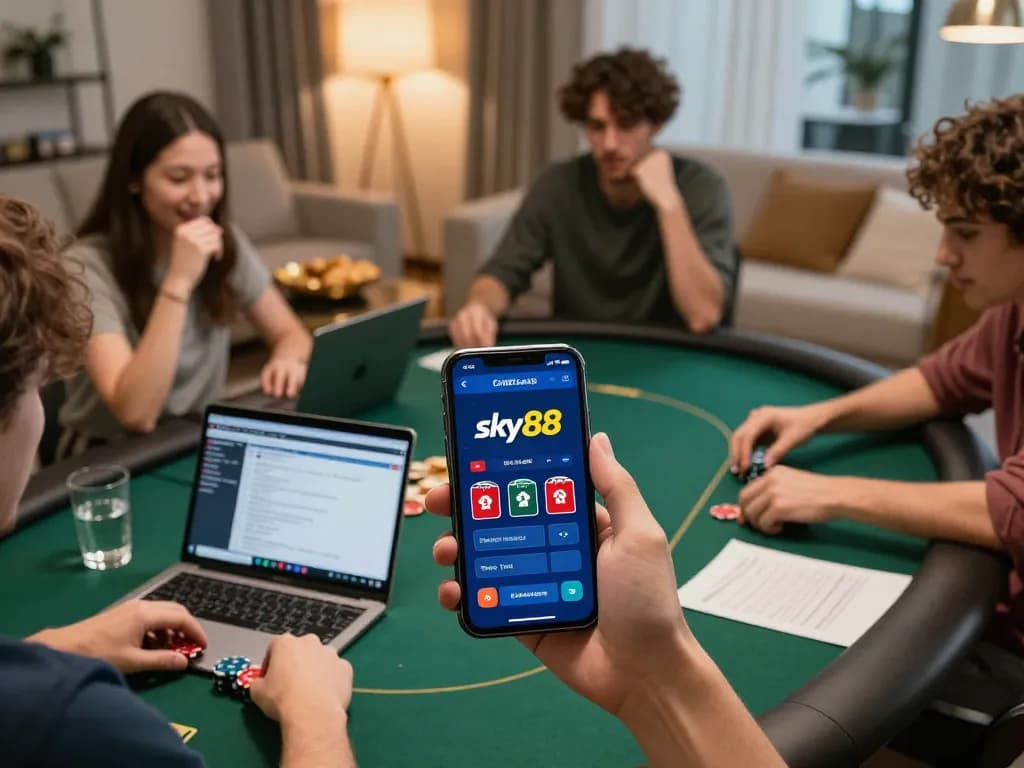 Players engaging in online poker gameplay on sky88 app, showcasing a lively home setting with strategy notes.