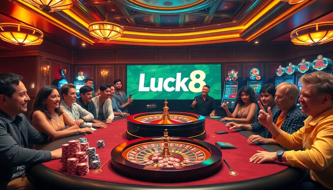 Players engaging at a lively casino table showcasing Luck8 branding amid vibrant gaming visuals.