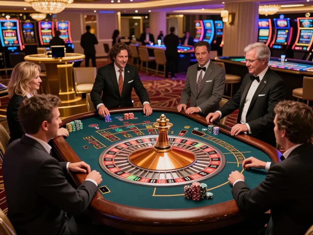 SKY88 roulette table in a bustling casino, players engaged in thrilling gameplay and excitement.