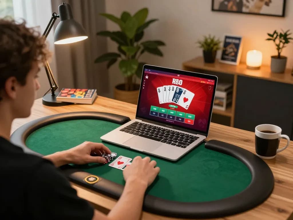 Engaging with RED88 online poker gameplay on a stylish home setup.