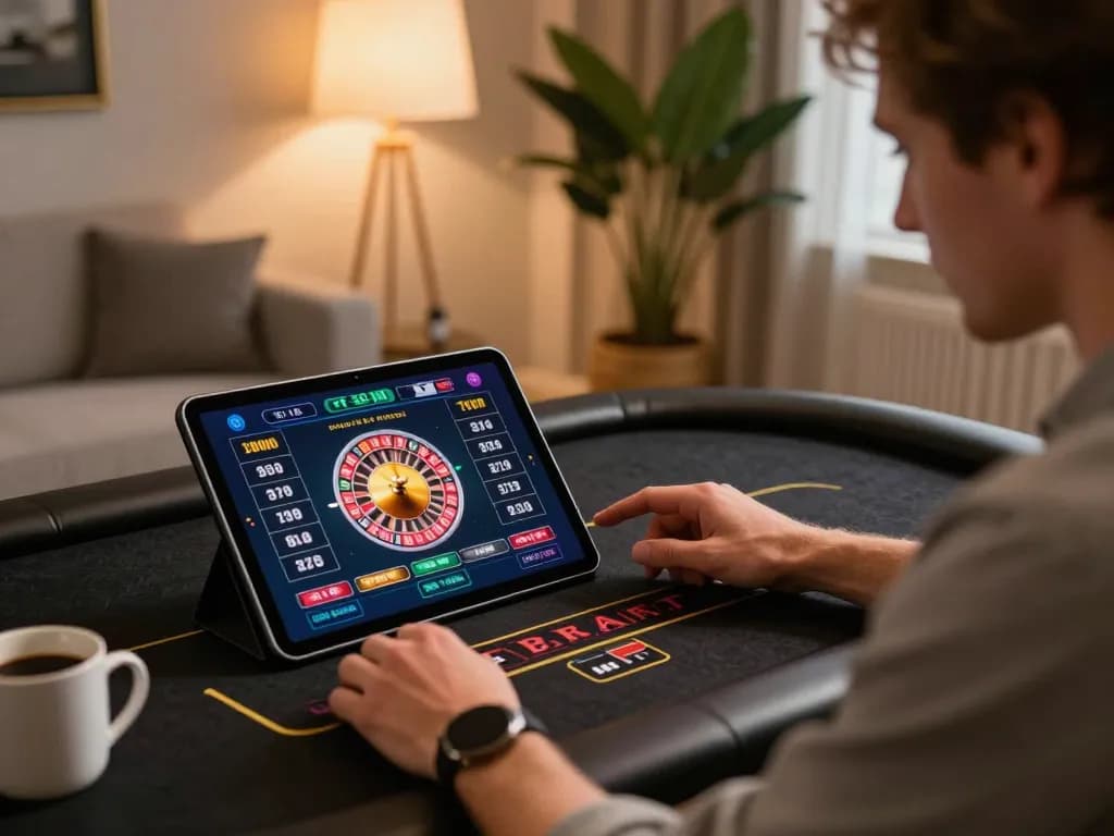 Engaged player using tablet for ku88q live roulette game in stylish home setting