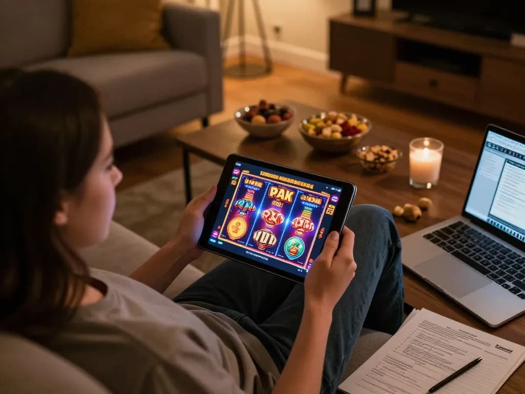 Playing exciting free online pokies on a tablet in a cozy living room setup, elevating the home gaming experience