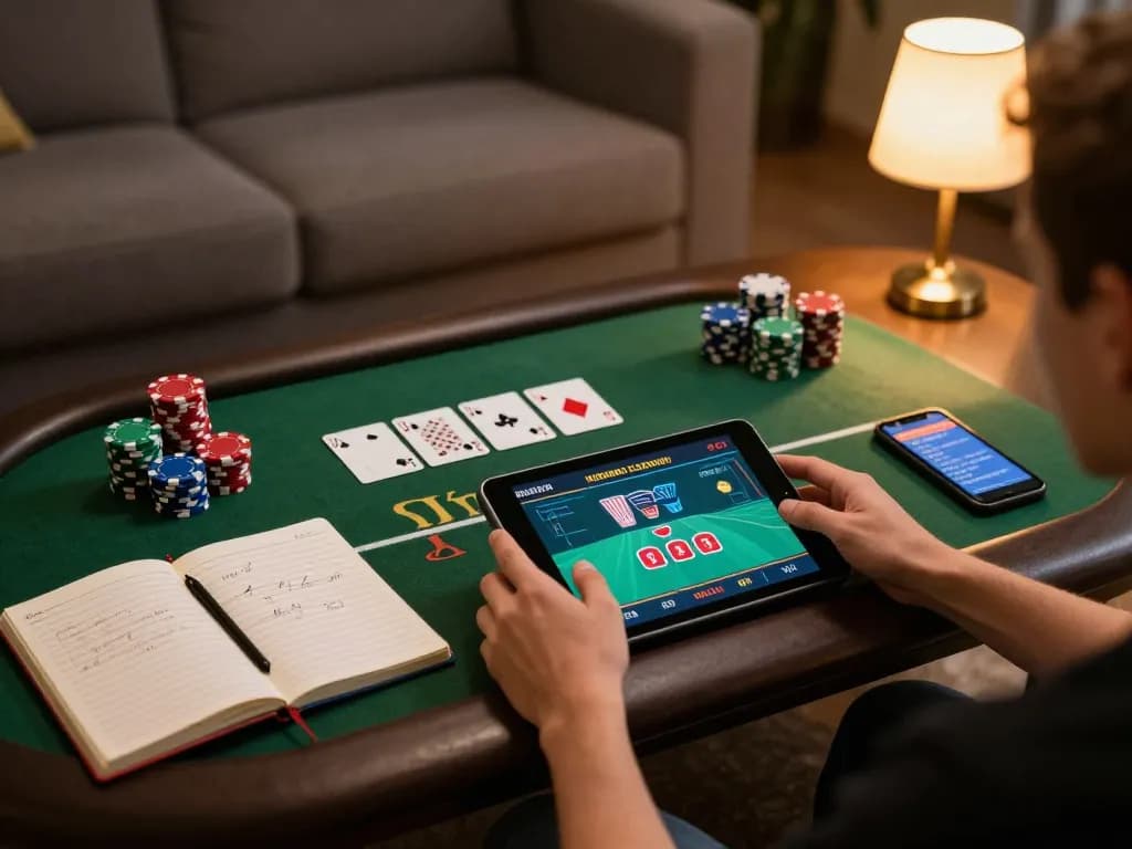 Person engaging in online gaming with LODE88 poker live dealer on tablet, emphasizing responsible gaming.
