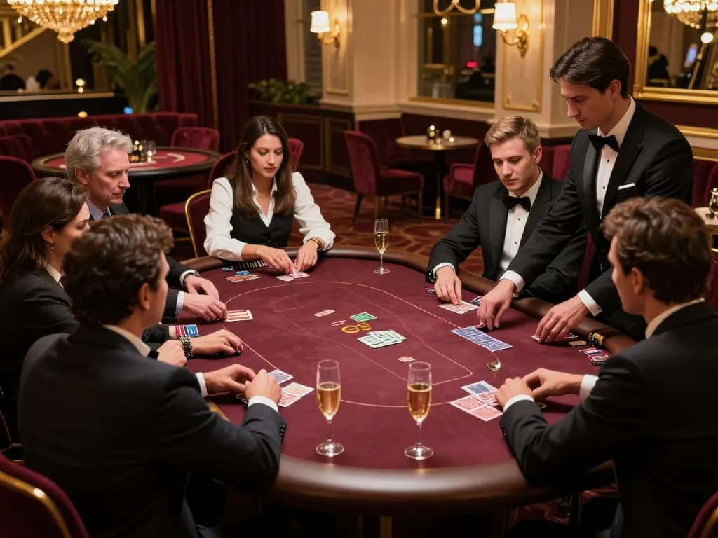 Exciting poker game at DA88 high-roller room with sophisticated players and elegant decor.