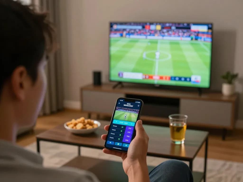 Engaged player using five88bc for sports betting on smartphone while watching live football.