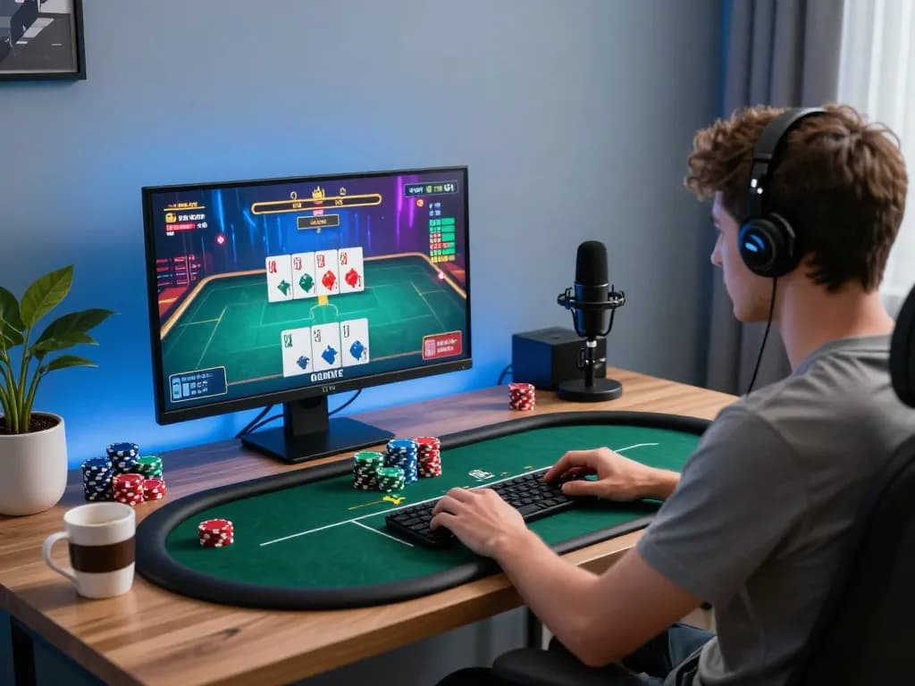 Engaging in live poker gameplay on fabet's online platform with vibrant displays and strategic focus.