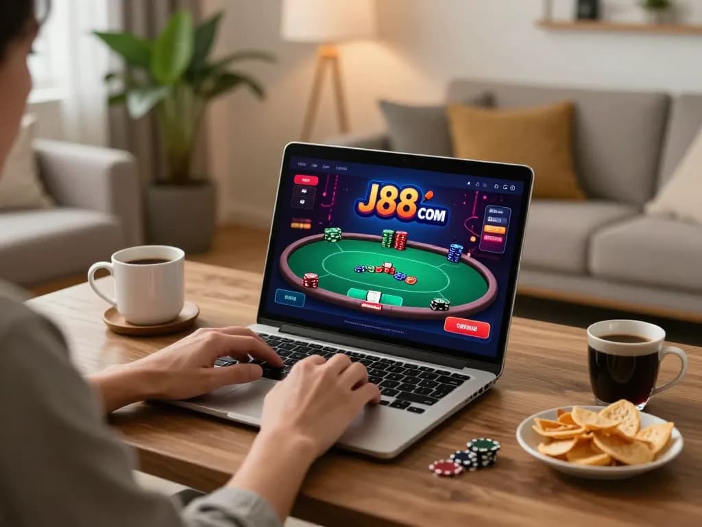 Enjoying online gaming at J88. com with a vibrant poker interface in a cozy setting