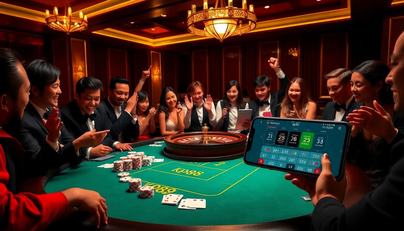 Players enjoying an exhilarating moment at a casino table featuring the kp88 app on a mobile device.