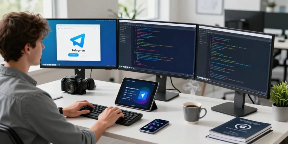 Download Telegram app interface on multiple monitors in a modern office workspace.