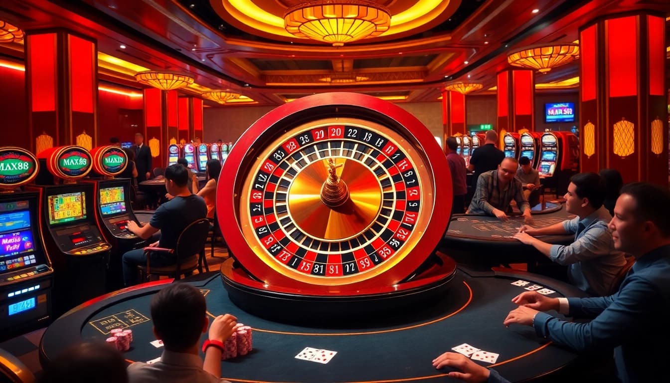 Experience the thrill of MAX88 with a vibrant casino scene featuring roulette, poker tables, and slot machines.