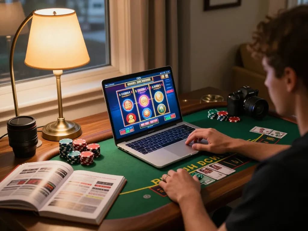 Player engaging with F168 casino slot games on a laptop at home, showcasing responsible gaming.