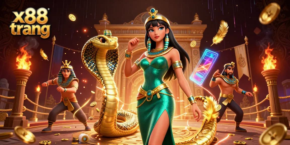 Experience thrilling betting action with x88 trang, featuring a glamorous woman and golden cobra in a rich casino environment.