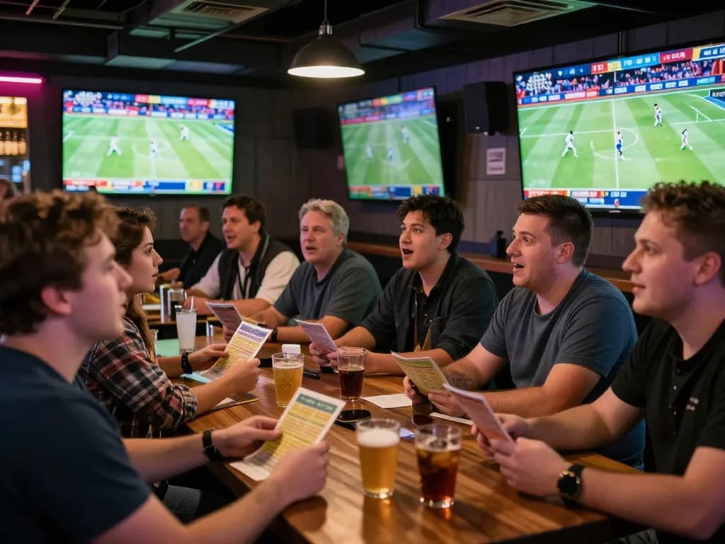 DEBET players cheering during live sports betting event in a vibrant bar environment