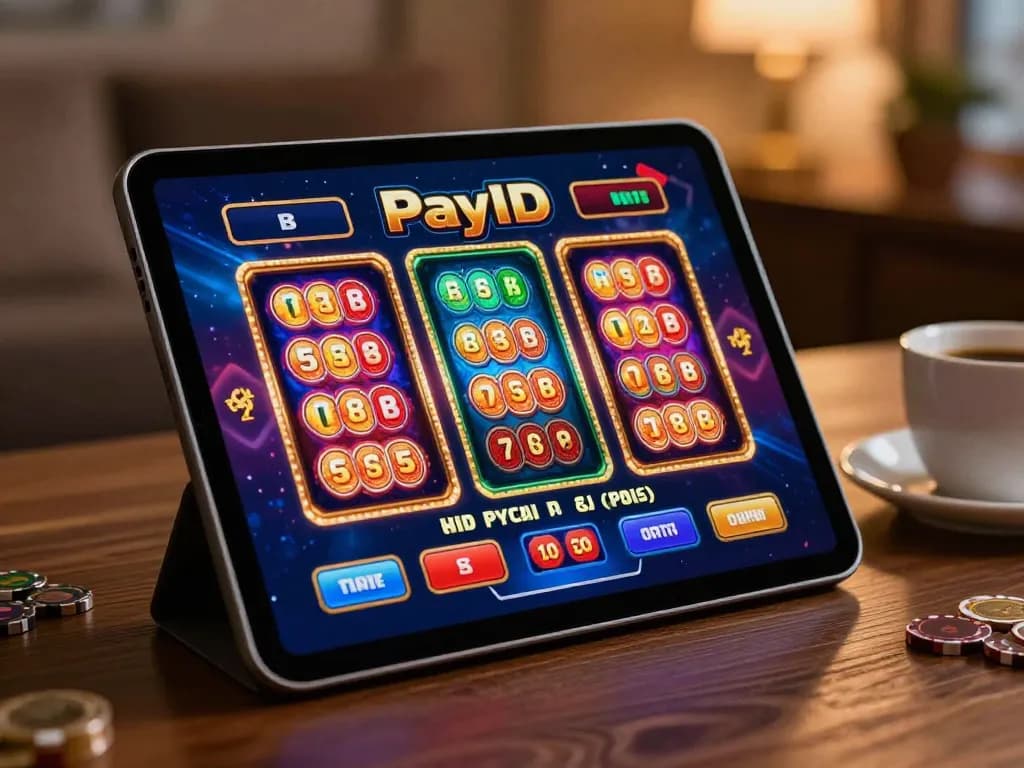 Playing PayID pokies Australia on a tablet at home, showcasing vibrant online casino games with a cozy atmosphere.