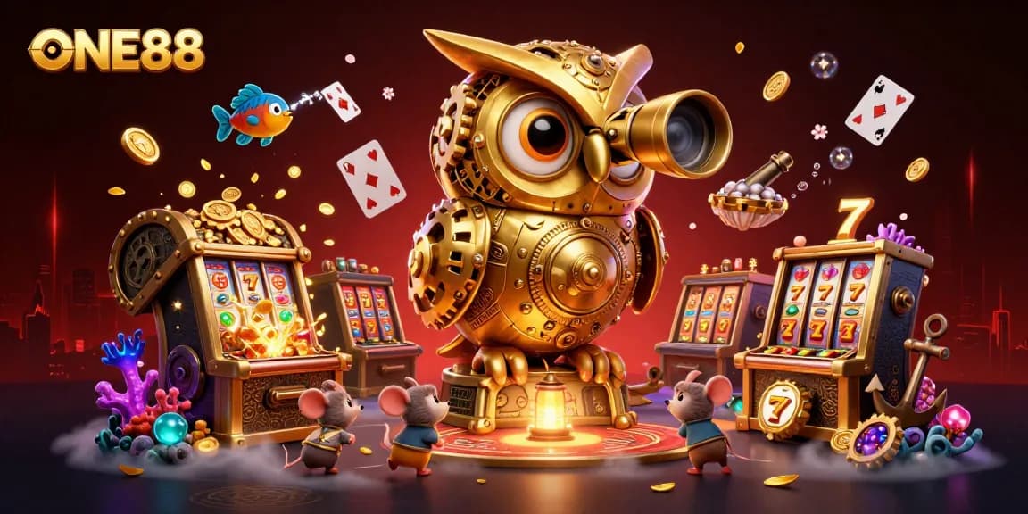 ONE88 showcases dynamic 3D casino scene with clockwork owl, treasure, and slot machines, enhancing gaming excitement.