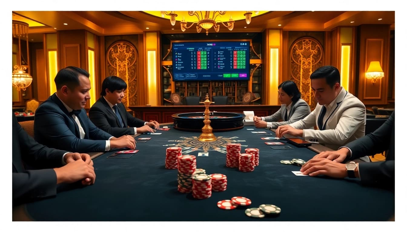 Players engaged in a high-stakes poker game at https://xx88.lol/ casino, showcasing chips and excitement.