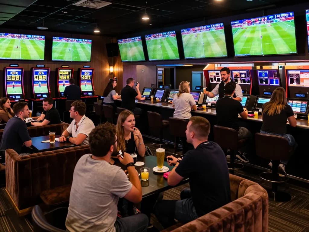 Fans placing bets on xôi lạc while enjoying live sports in an upscale betting lounge