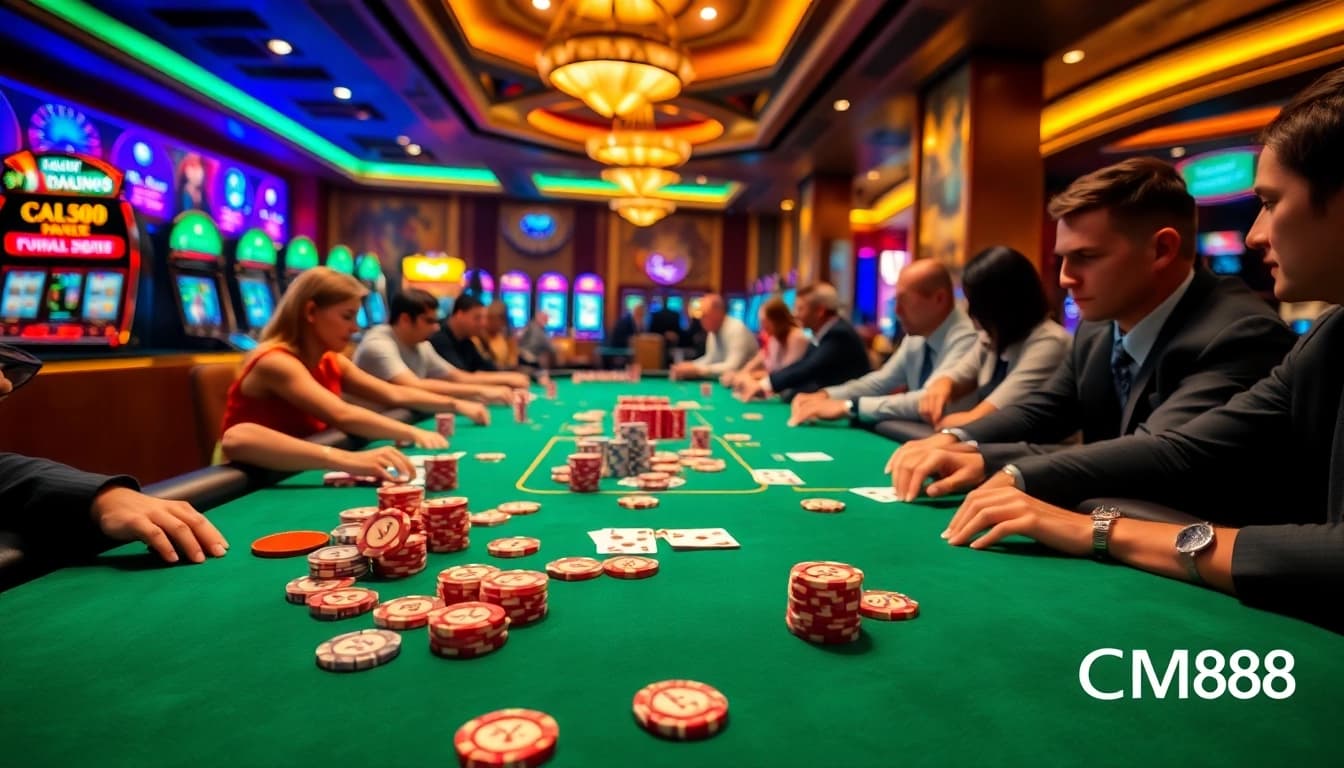 Players strategizing at a CM88 poker table with colorful chips and cards in a luxurious casino.
