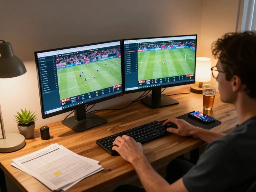Engaging in sports betting with SC88 app on dual monitors in a cozy home setup