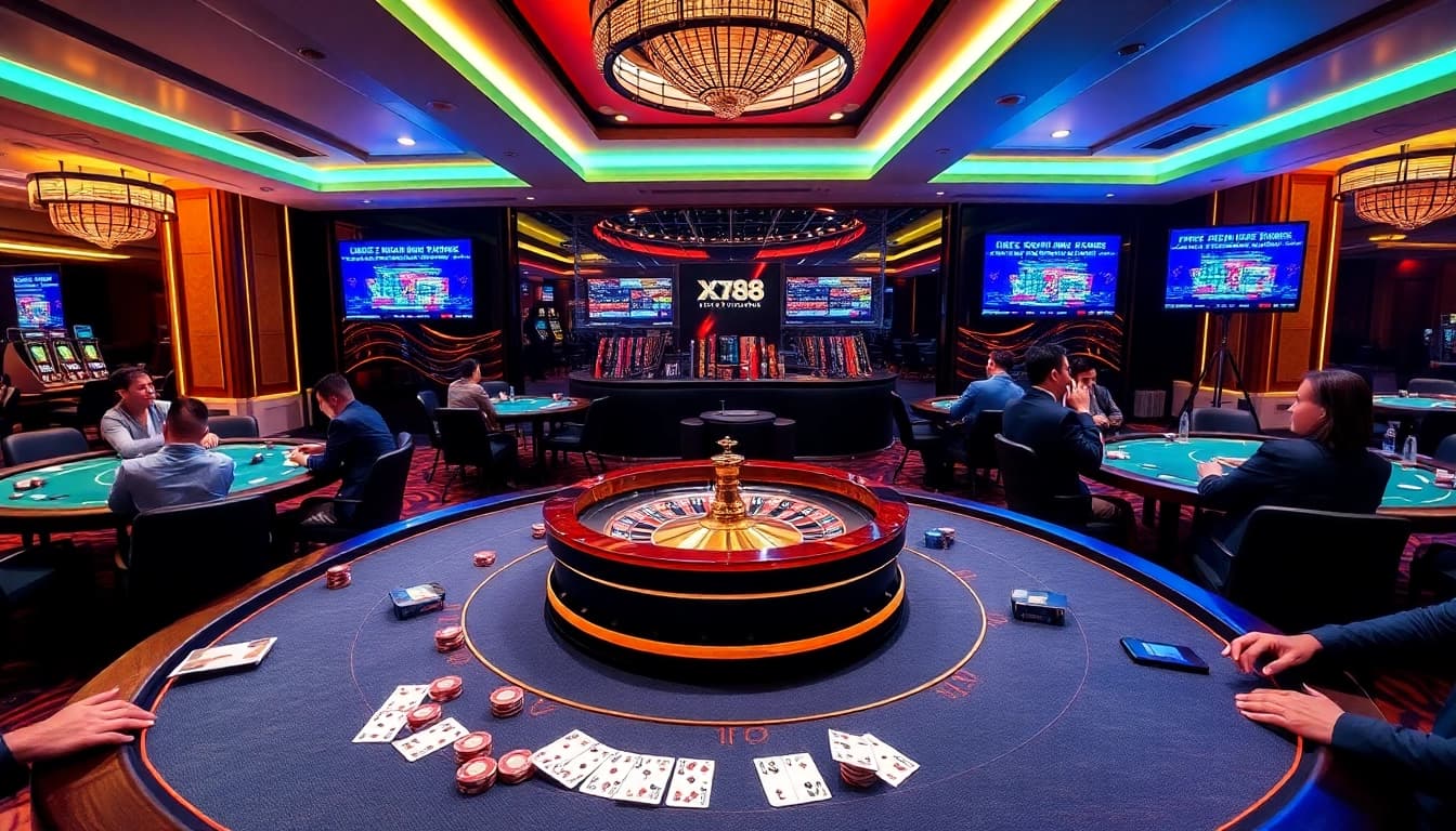 Exciting KJC XX88 casino experience with poker tables and roulette wheel.