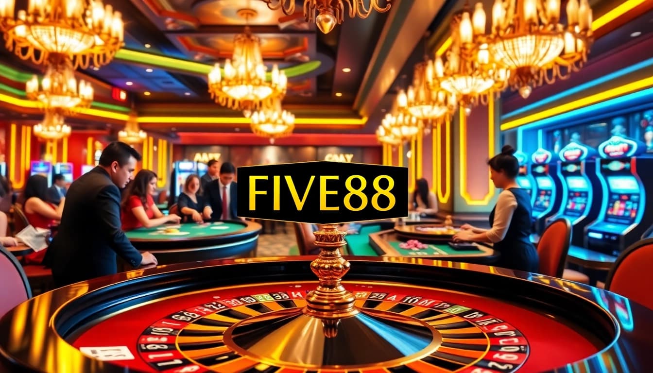 Exciting casino scene featuring FIVE88 logo on roulette table with enthusiastic gamblers and colorful chips.
