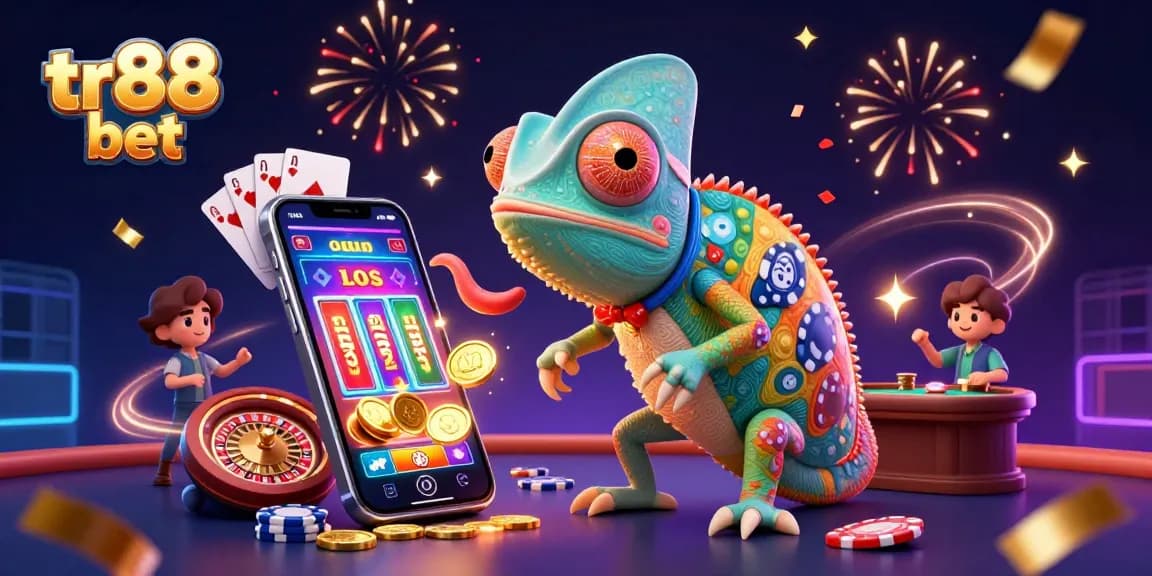 Experience vibrant gameplay with tr88 bet in a lively 3D casino scene featuring a colorful chameleon and dynamic game elements.