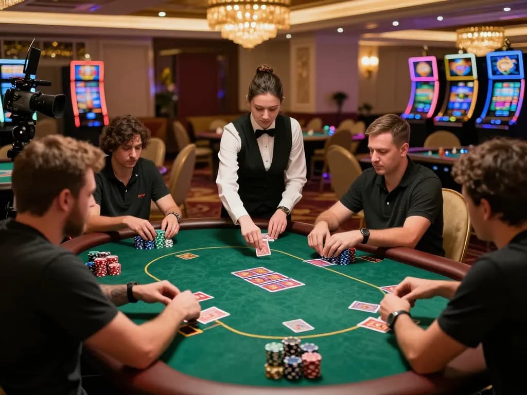 Players engaged in a high-stakes poker game at a luxury casino, showcasing da88 chips and dynamic betting moments.