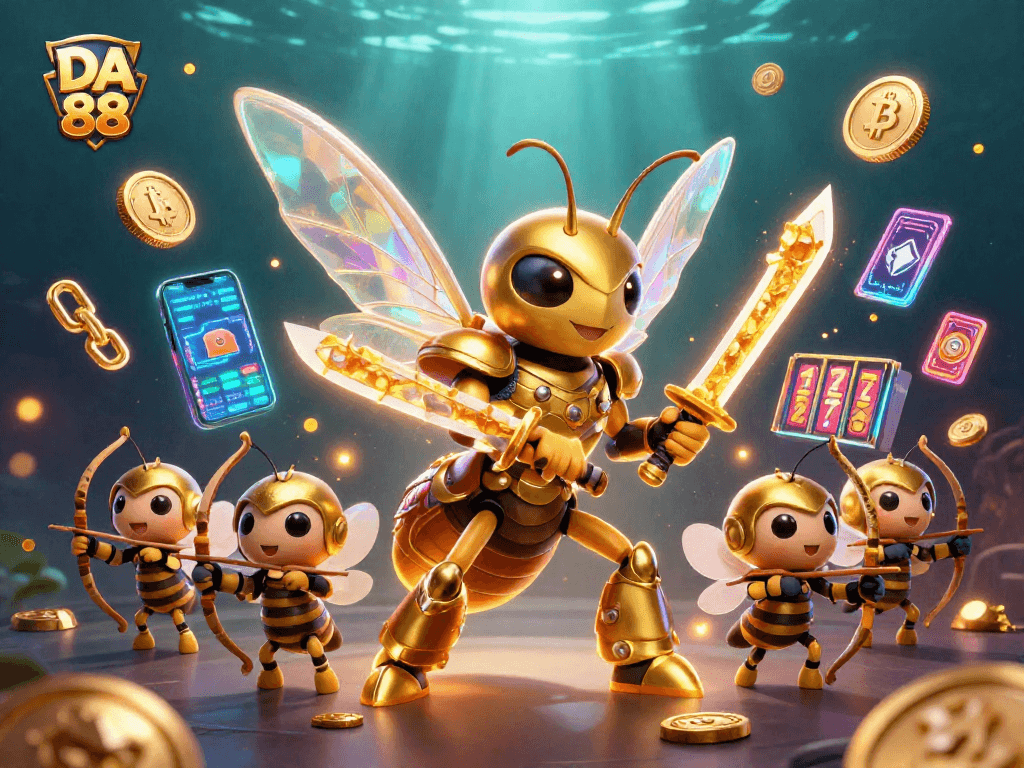 Experience the thrill of DA 88 with vibrant slot reels, golden hornet, and neon crypto elements.