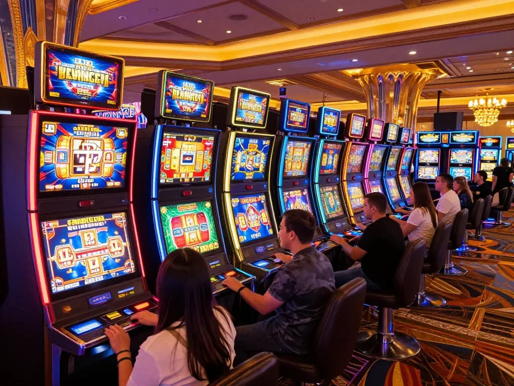 Players engaged at colorful slot machines in a lively casino, experiencing sc88 excitement.